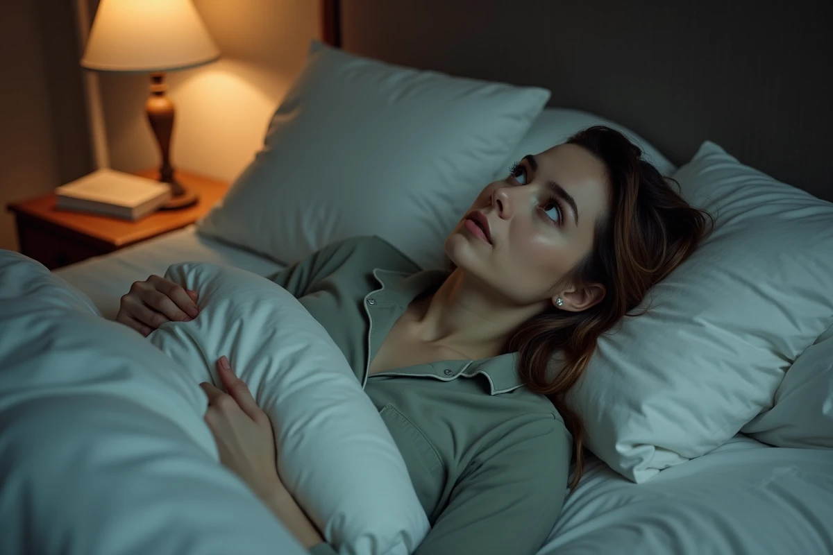 Femme allongée dans son lit les yeux ouverts, incapable de trouver le sommeil, ambiance nocturne apaisée