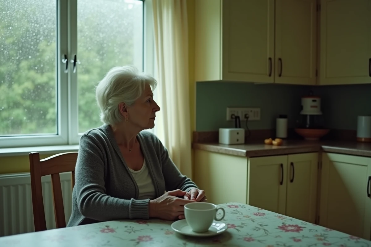 Femme âgée assise seule à une table de cuisine, regardant par la fenêtre sous la pluie, signe d'isolement social