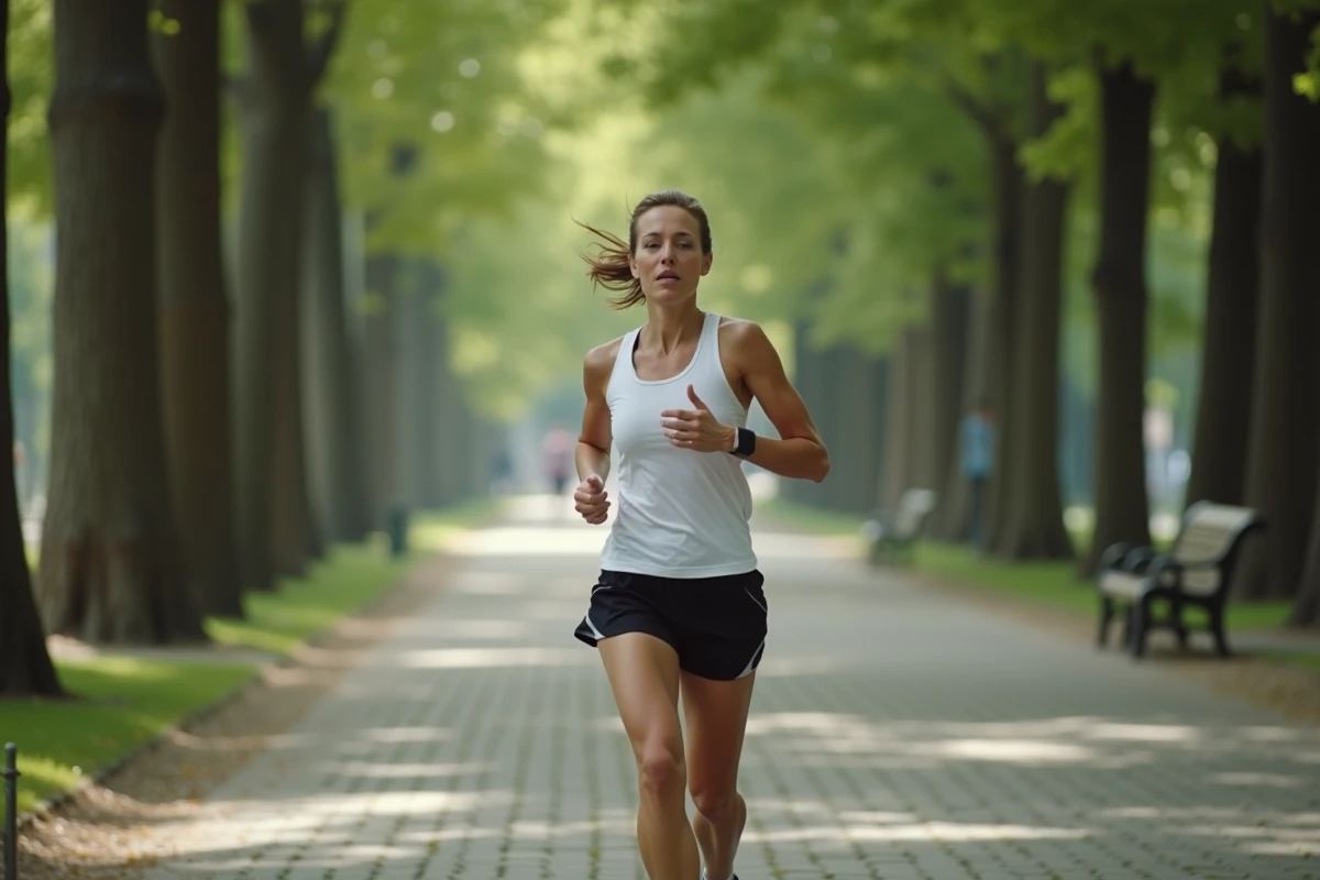 Femme faisant du jogging dans un parc urbain arboré pour perdre du poids grâce à l'exercice physique régulier
