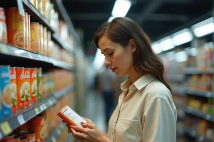 Femme lisant attentivement les étiquettes d'un produit en supermarché pour détecter la présence d'oignons dans les ingrédients