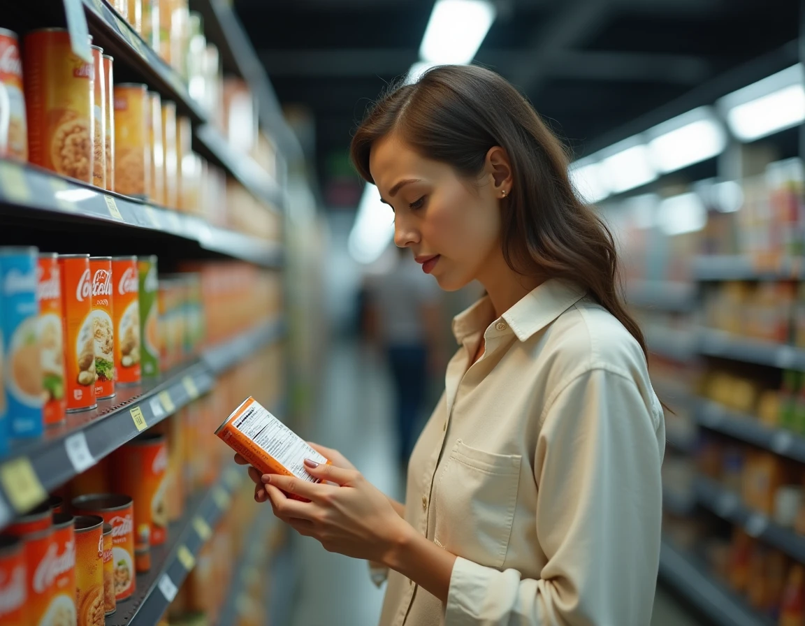 Femme lisant attentivement les étiquettes d'un produit en supermarché pour détecter la présence d'oignons dans les ingrédients
