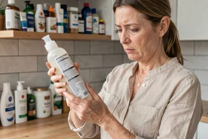 Femme lisant attentivement l'étiquette d'un produit cosmétique en plastique dans une cuisine moderne, consciente des perturbateurs endocriniens