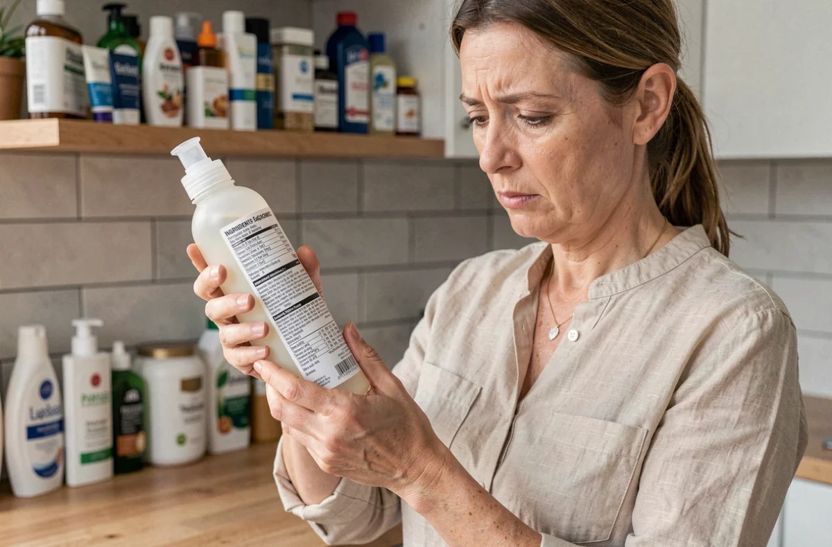 Femme lisant attentivement l'étiquette d'un produit cosmétique en plastique dans une cuisine moderne, consciente des perturbateurs endocriniens