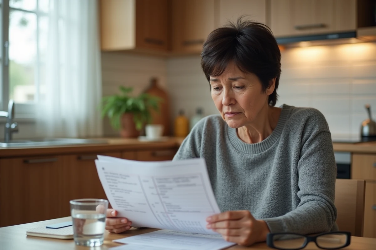 Femme de cinquante ans lisant ses résultats d'analyse sanguine à table, avec une expression concentrée et préoccupée