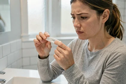 Femme lisant attentivement un test de grossesse avec une barre d'évaporation à peine visible dans une salle de bain moderne