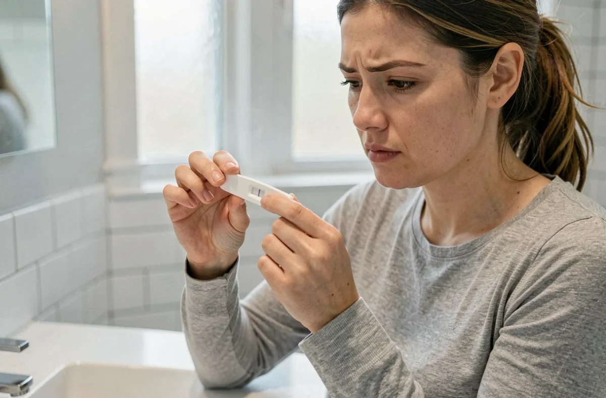 Femme lisant attentivement un test de grossesse avec une barre d'évaporation à peine visible dans une salle de bain moderne