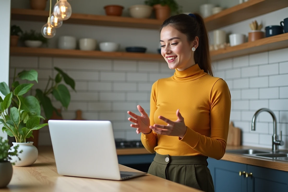 Jeune femme malentendante avec appareil auditif en appel vidéo dans une cuisine moderne, exprimant engagement et connexion