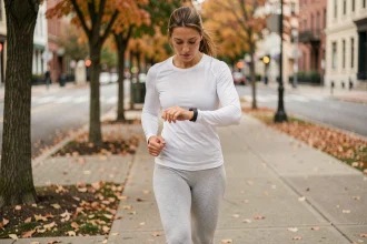 Femme marchant 10 000 pas par jour en ville avec un tracker de fitness pour perdre du poids