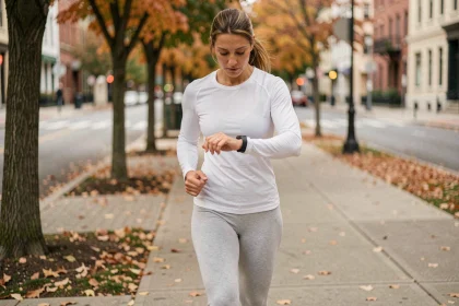 Femme marchant 10 000 pas par jour en ville avec un tracker de fitness pour perdre du poids