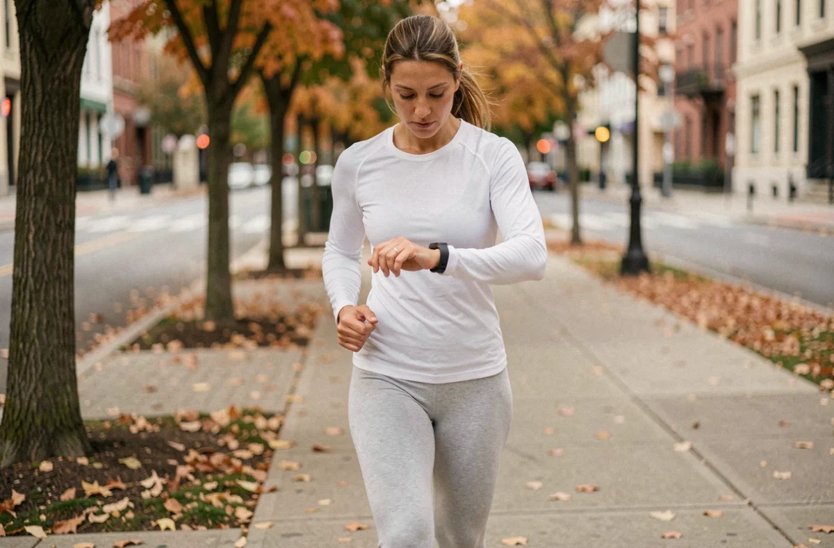Femme marchant 10 000 pas par jour en ville avec un tracker de fitness pour perdre du poids