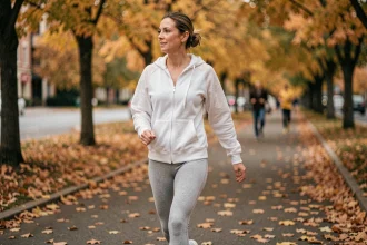 Femme marchant rapidement sur un chemin urbain bordé d'arbres en automne pour favoriser la perte de poids