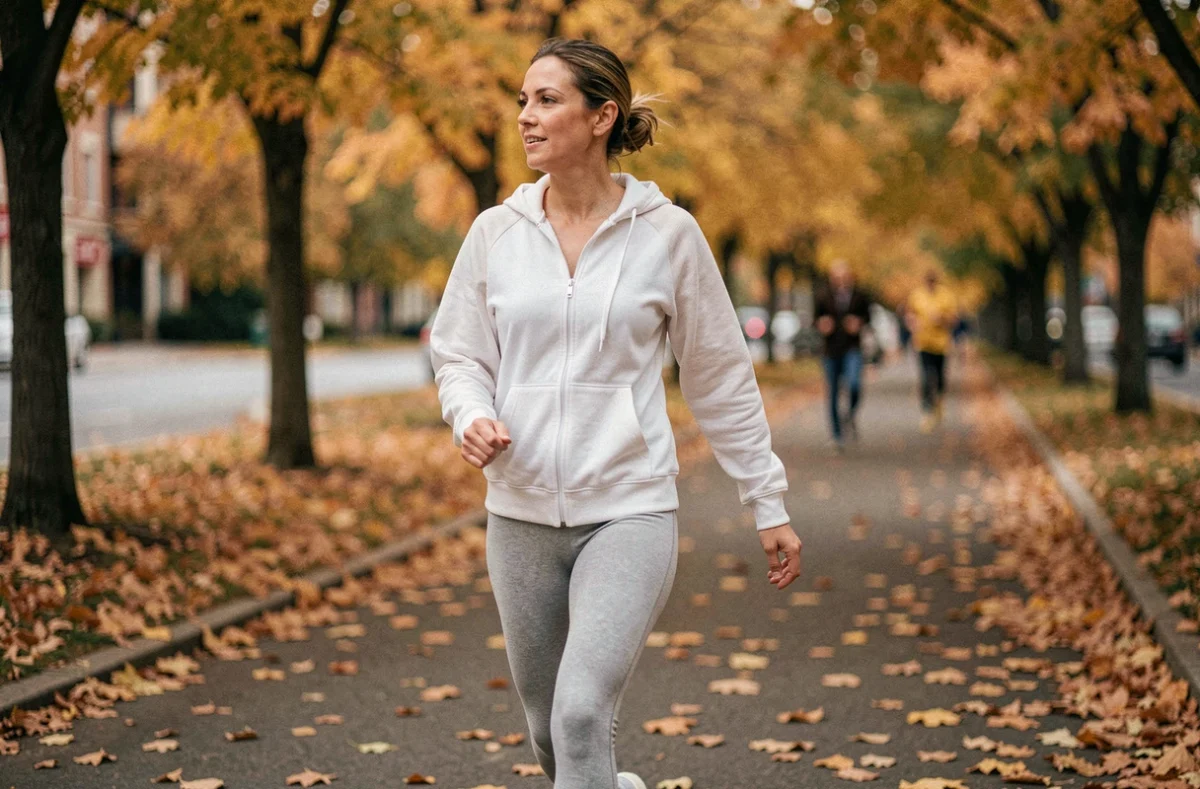 Femme marchant rapidement sur un chemin urbain bordé d'arbres en automne pour favoriser la perte de poids
