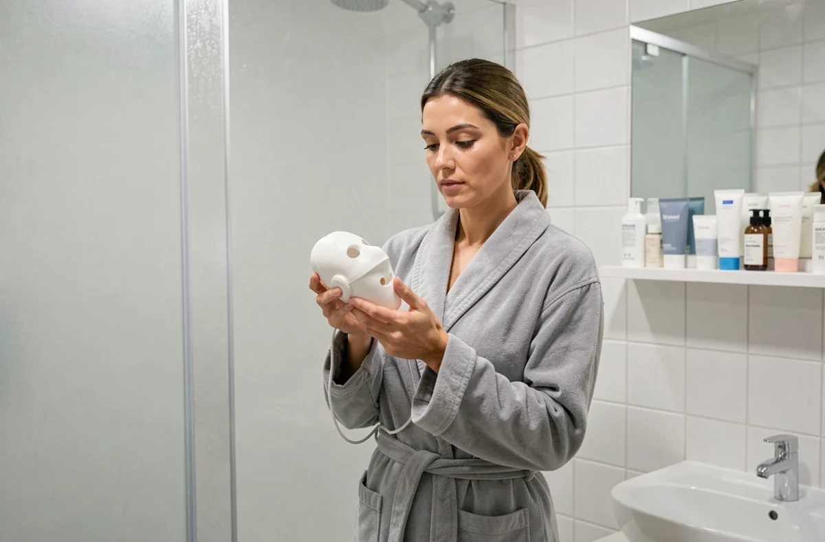 Femme en robe grise tenant un masque chauffant anti-migraine et sinus dans une salle de bain blanche