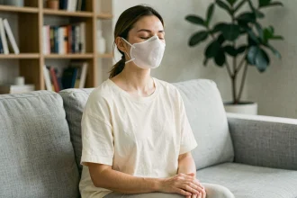 Femme portant un masque gel pour soulager les migraines et les sinus bouchés, assise sur un canapé en lin gris