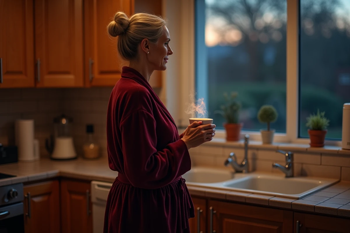 Femme mature debout dans sa cuisine tôt le matin tenant une tasse de thé après s'être réveillée prématurément