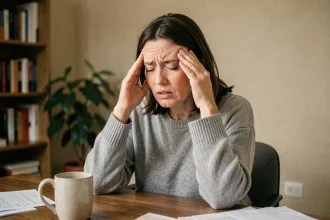 Femme souffrant de maux de tête et d'anxiété, les mains sur les tempes, assise à un bureau à domicile