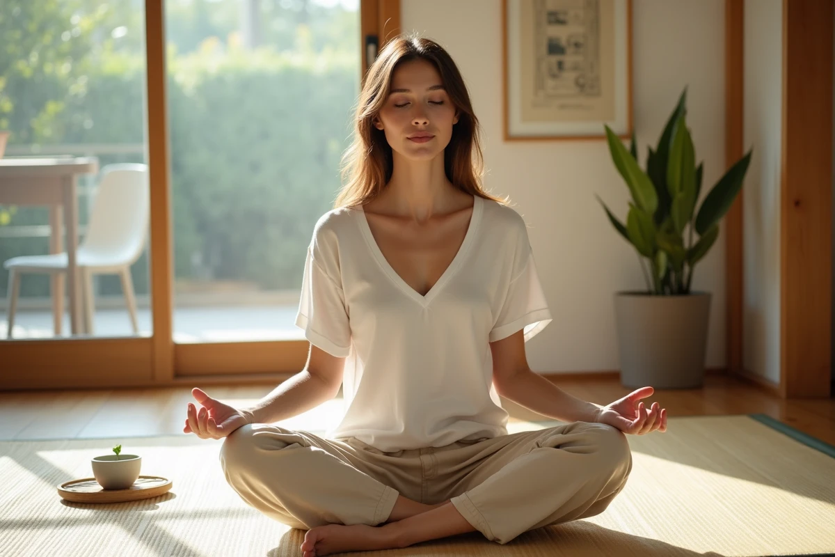 Femme en méditation matinale assise en tailleur sur un plancher en bois dans une pièce zen minimaliste