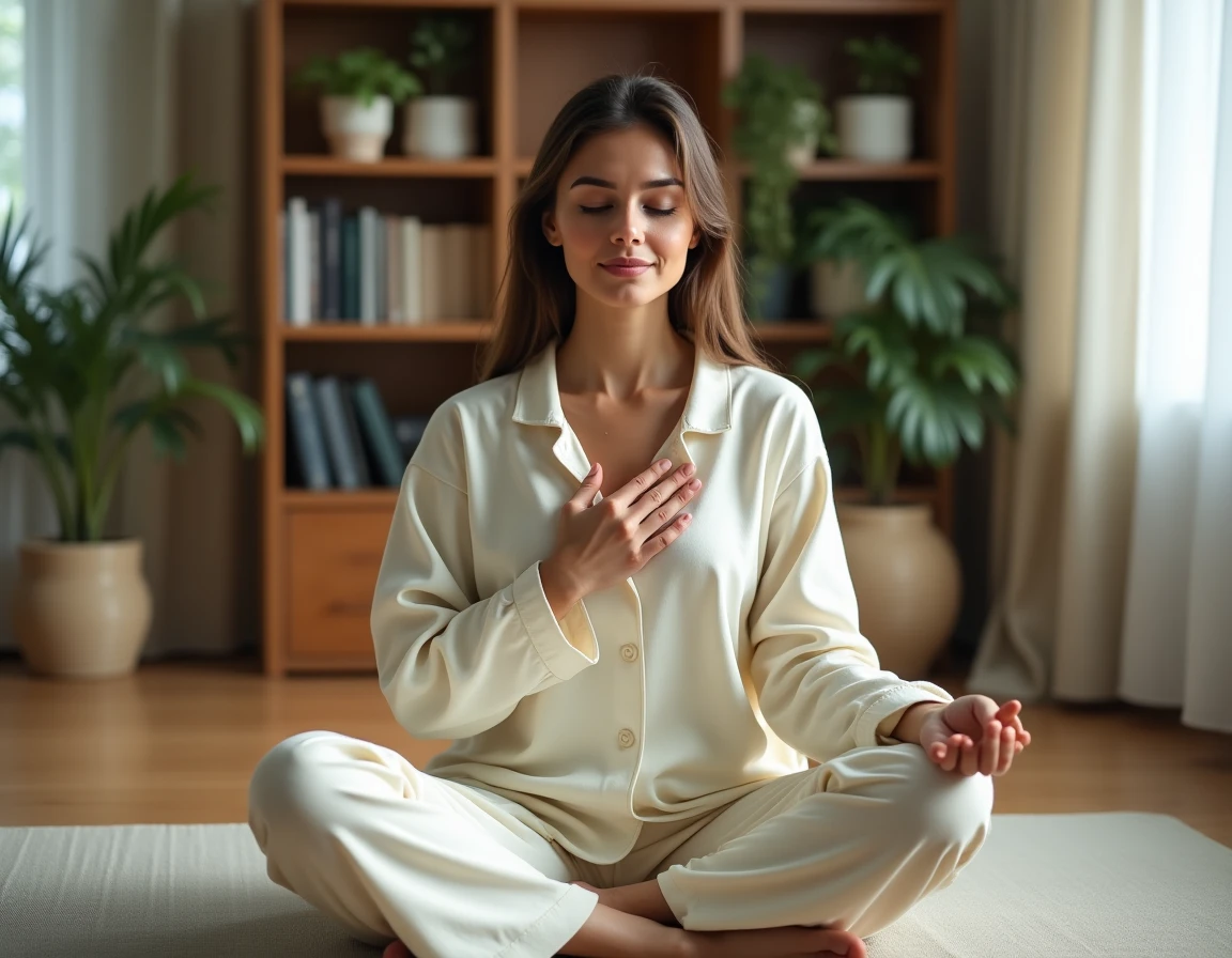 Femme pratiquant la pleine conscience chez elle pour surmonter la peur de grossir