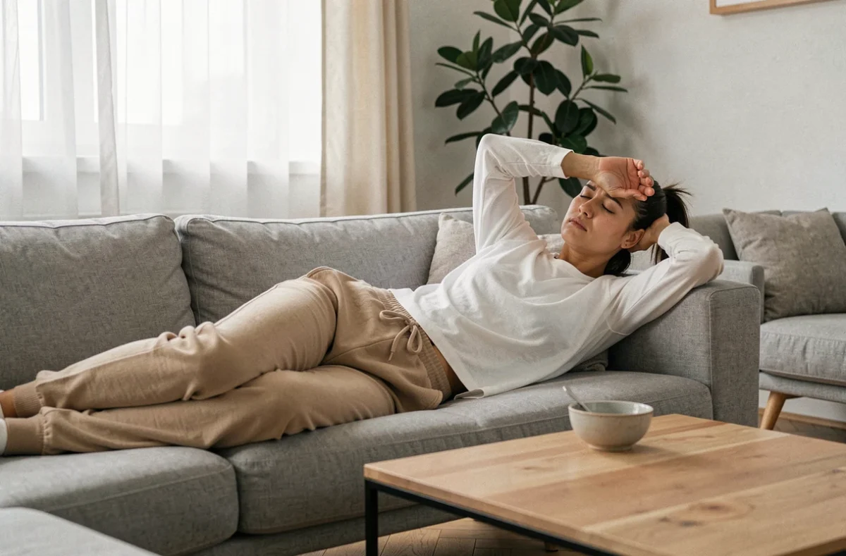 Jeune femme allongée sur un canapé, les yeux fermés, souffrant de nausées et de fatigue causées par la névrite vestibulaire