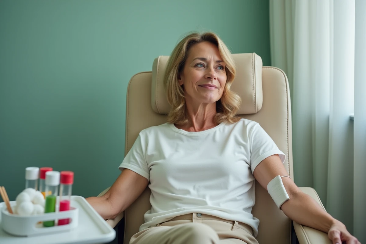 Femme assise dans un fauteuil de prélèvement sanguin dans une clinique, bras préparé pour une prise de sang