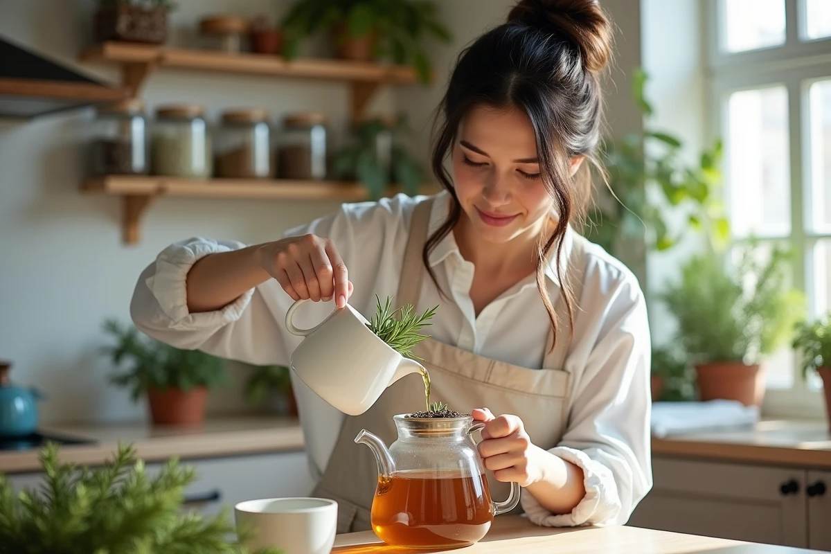 Femme préparant une infusion de romarin maison pour une cure, versant du thé de romarin dans une tasse blanche avec passoire