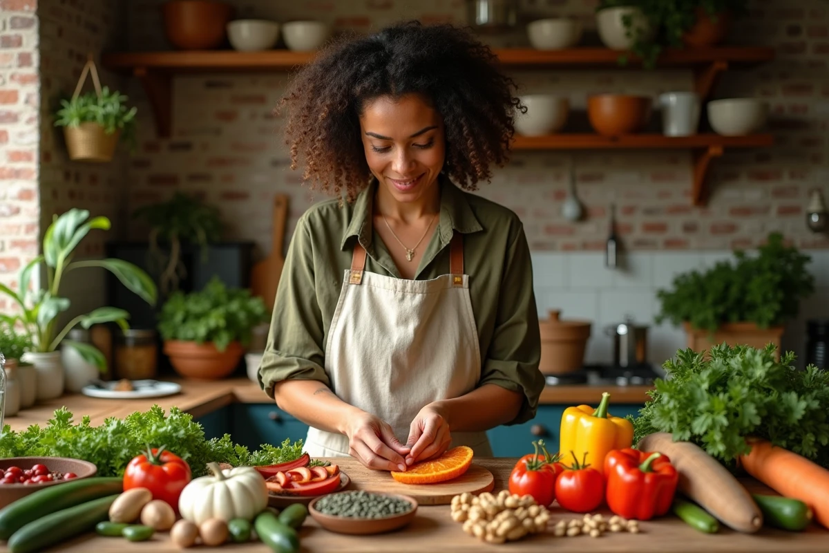 Femme préparant un repas végétalien équilibré avec légumes frais et légumineuses dans une cuisine rustique