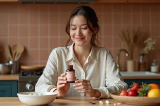 Femme tenant un probiotique en capsule dans une cuisine naturelle, illustrant le soin du microbiote intestinal