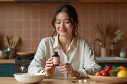 Femme tenant un probiotique en capsule dans une cuisine naturelle, illustrant le soin du microbiote intestinal