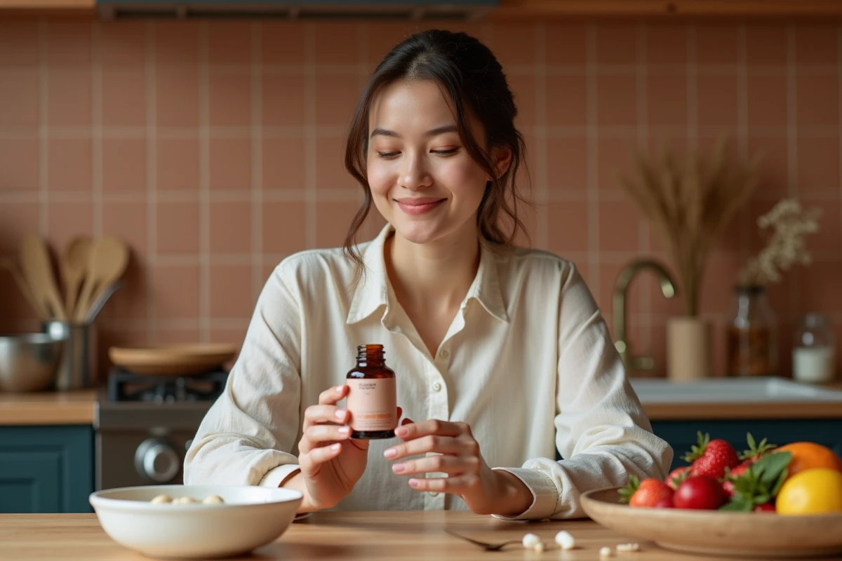 Femme tenant un probiotique en capsule dans une cuisine naturelle, illustrant le soin du microbiote intestinal
