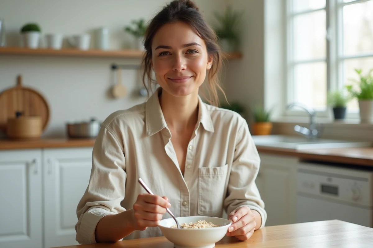 Femme mangeant un petit bol de flocons d'avoine dans une cuisine lumineuse pour habituer son estomac à une alimentation douce