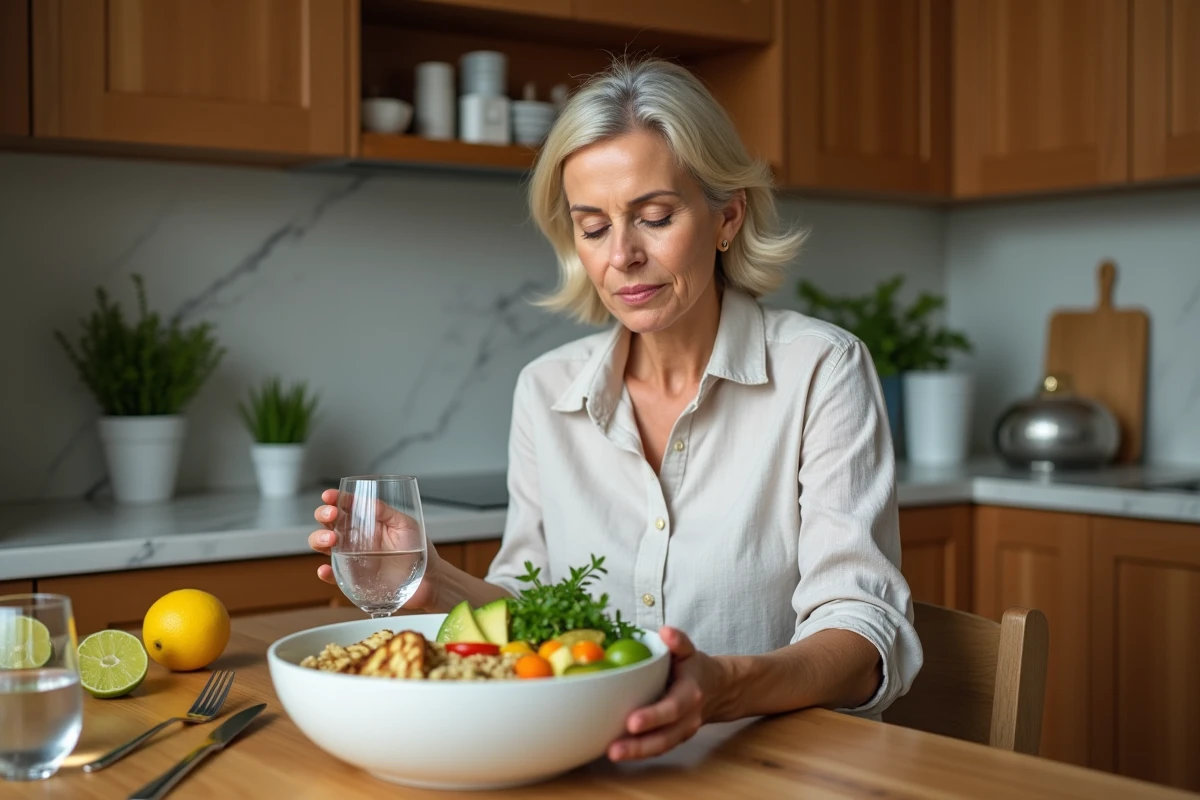 Femme devant un repas sain équilibré dans une cuisine moderne pour perdre du ventre
