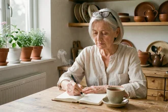 Femme retraitée aux cheveux argentés écrivant dans son journal à une table en bois avec une tasse de thé, symbolisant la santé mentale après la retraite
