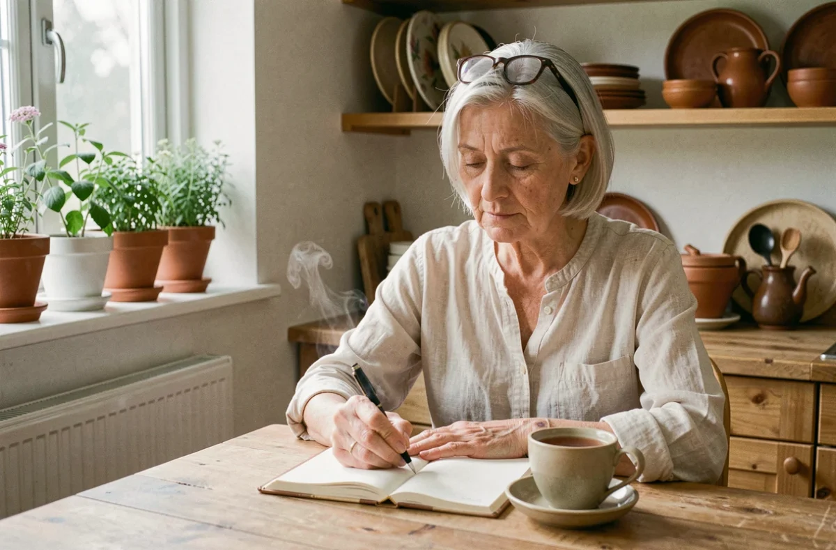 Femme retraitée aux cheveux argentés écrivant dans son journal à une table en bois avec une tasse de thé, symbolisant la santé mentale après la retraite