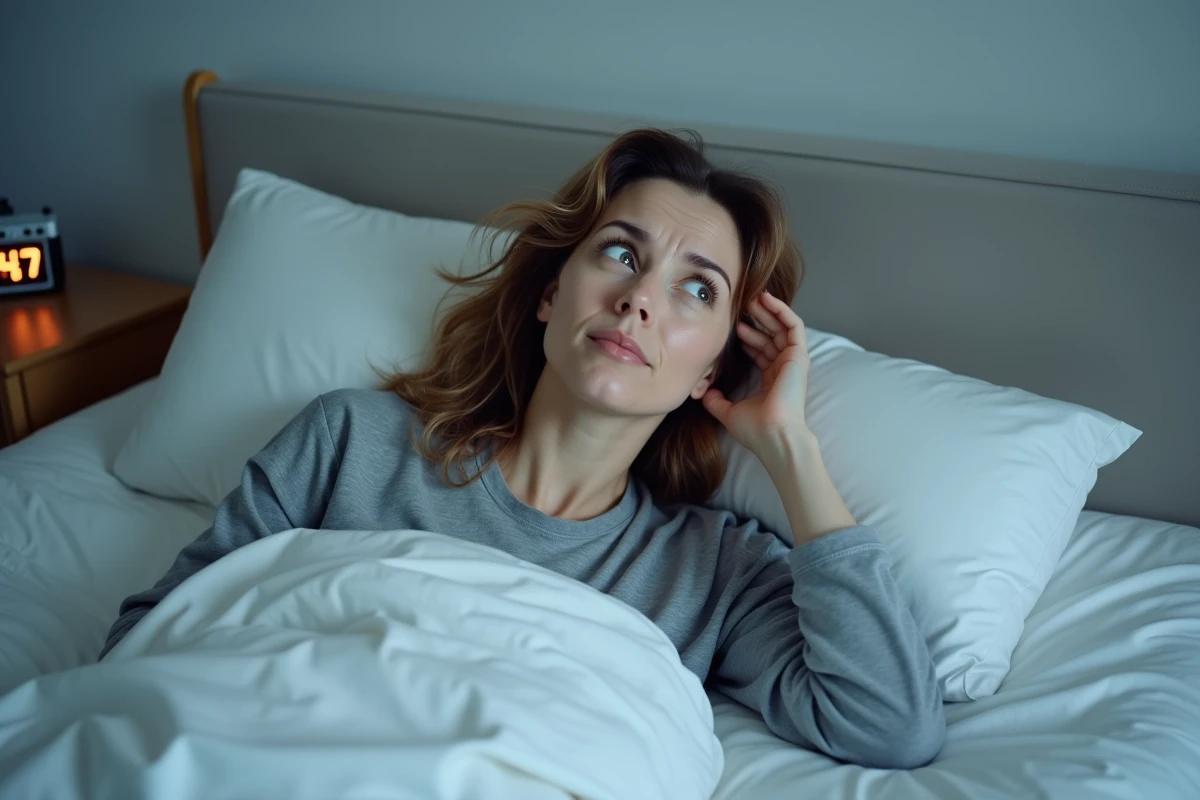 Femme réveillée tôt le matin allongée dans son lit avec une expression fatiguée et perplexe