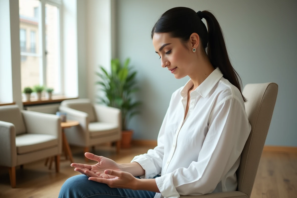 Femme dans une salle d'attente médicale observant sa main gauche avec inquiétude