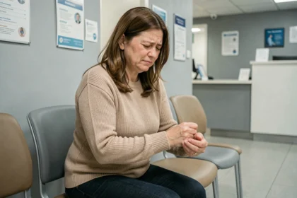 Femme d'âge moyen assise dans une salle d'attente médicale tenant son poignet après une chute légère, illustrant la question d'une radio sans ordonnance