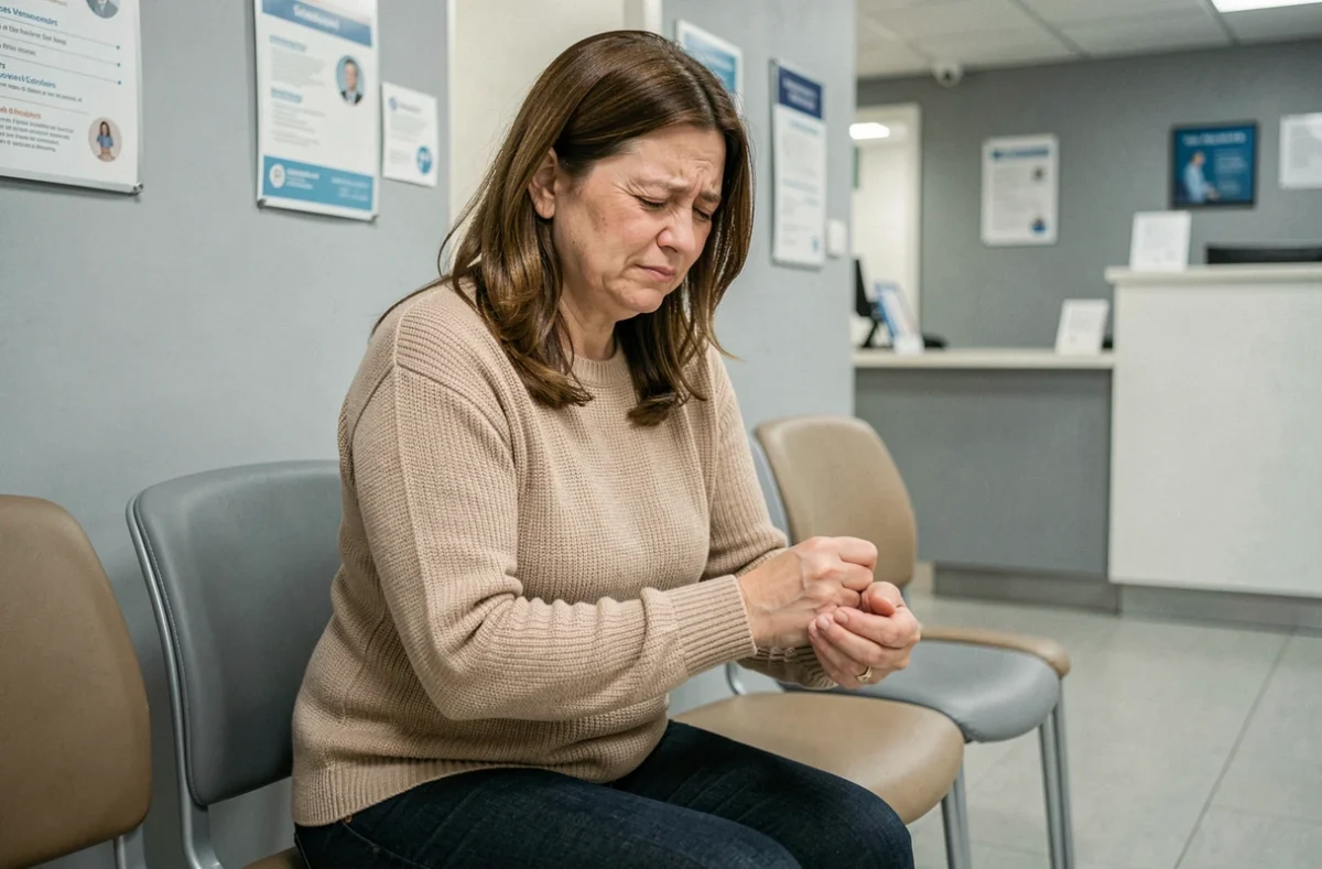 Femme d'âge moyen assise dans une salle d'attente médicale tenant son poignet après une chute légère, illustrant la question d'une radio sans ordonnance