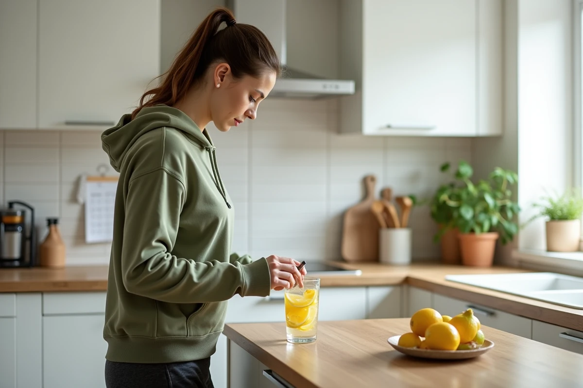 Femme en bonne santé préparant de l'eau citronnée dans une cuisine moderne dans le cadre d'un mode de vie sans alcool
