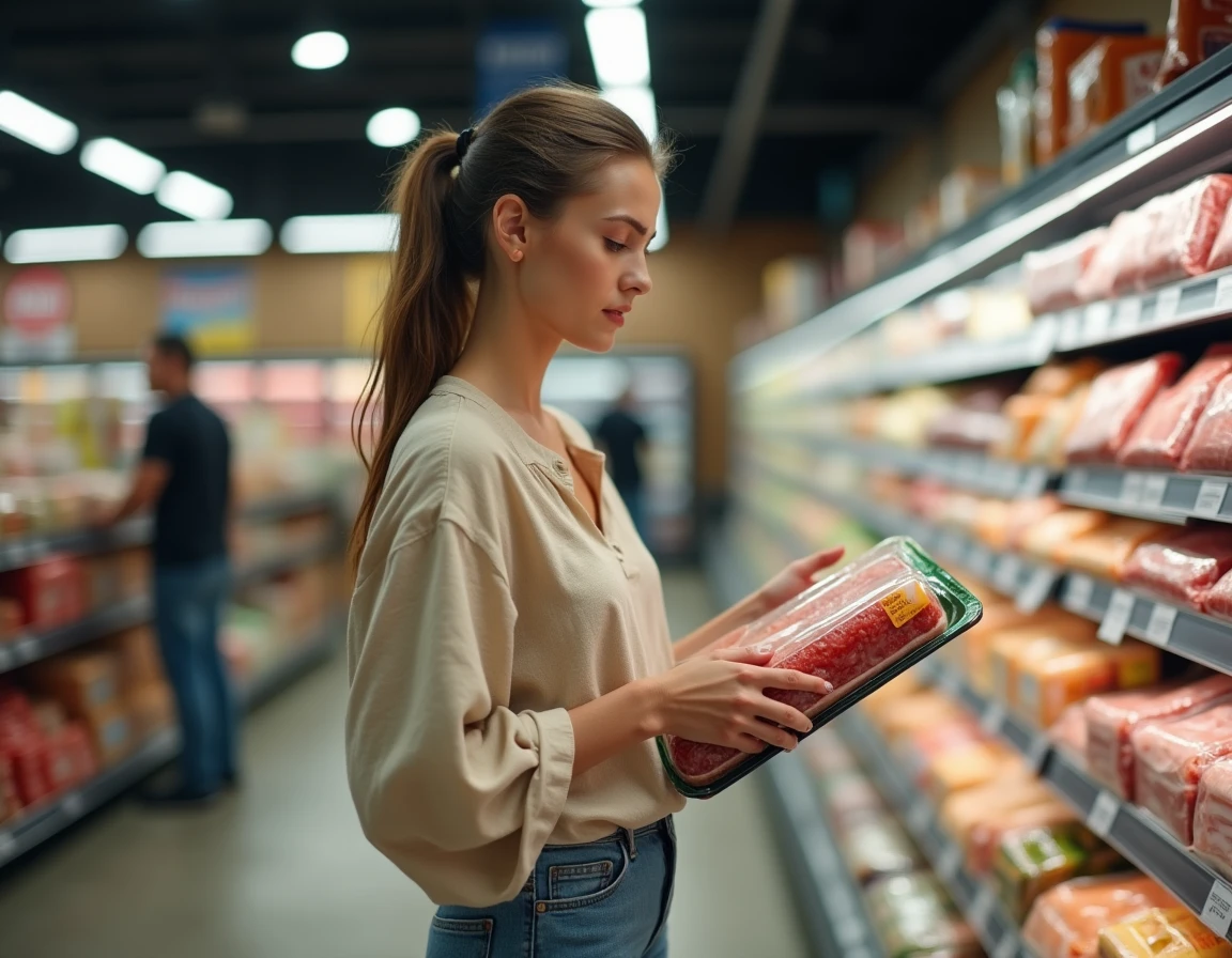Femme examinant une charcuterie industrielle en rayon de supermarché, aliment à limiter contre la cellulite