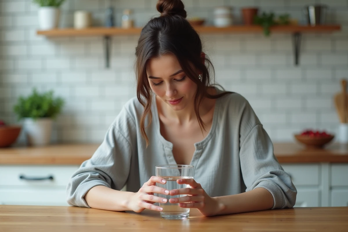 Femme tenant un verre d'eau dans une cuisine naturelle pour soigner une infection urinaire naturellement