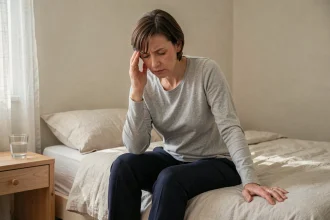 Femme d'une cinquantaine d'années assise sur son lit, main sur la tempe, exprimant une sensation de vertige liée à la névrite vestibulaire