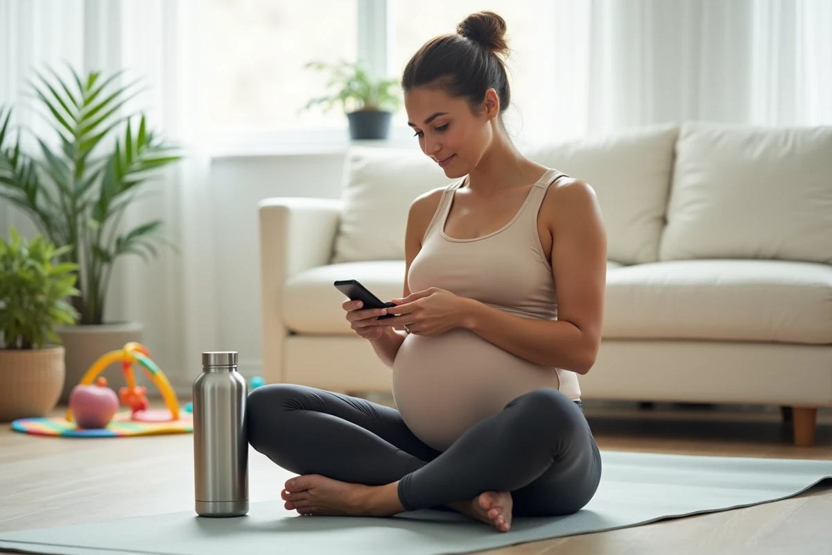 Femme en tenue de yoga buvant de l'eau après l'exercice postnatal dans un salon avec accessoires de bébé en arrière-plan