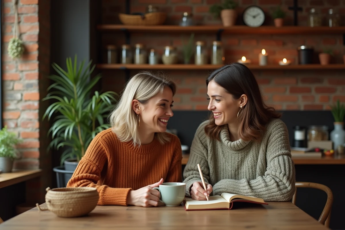 Deux femmes partageant un moment de bien-être autour d'une tisane et d'un journal intime dans un café chaleureux