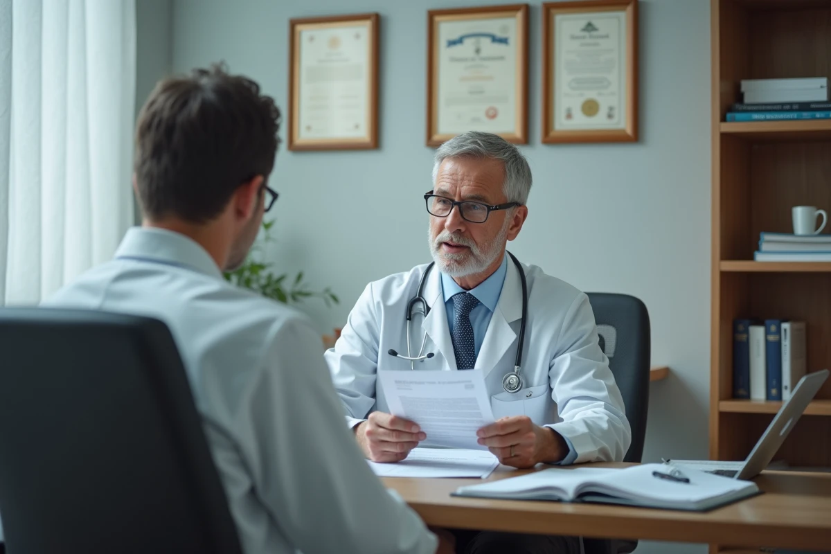 Médecin consultant un patient dans un cabinet médical professionnel, entouré de diplômes et de documents médicaux