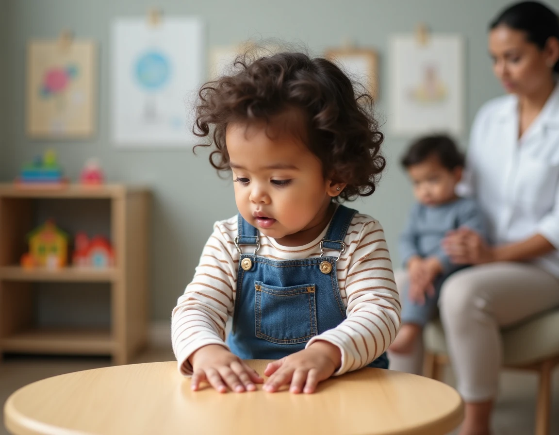 Petite fille autiste produisant des sons répétitifs lors d'une séance de thérapie pédiatrique