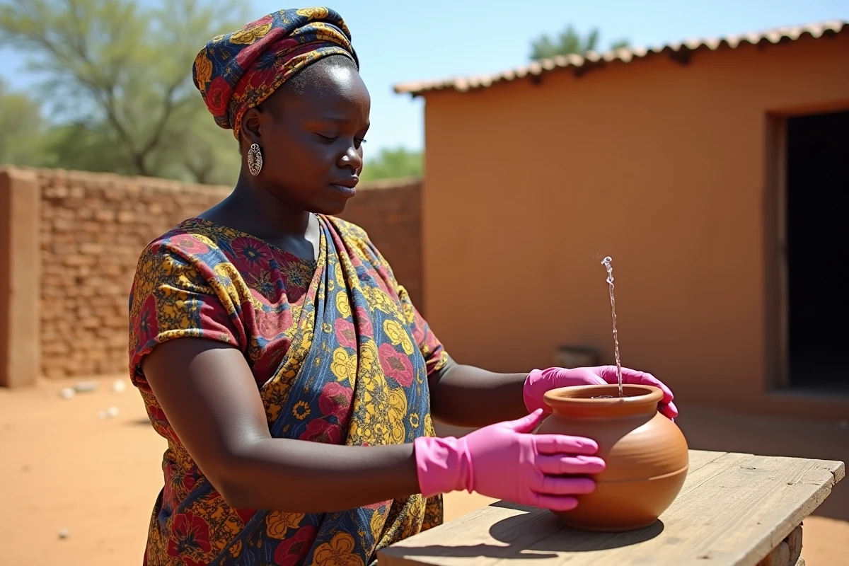 Femme africaine filtrant l'eau avec un système artisanal en argile pour prévenir les maladies hydriques dans un village rural