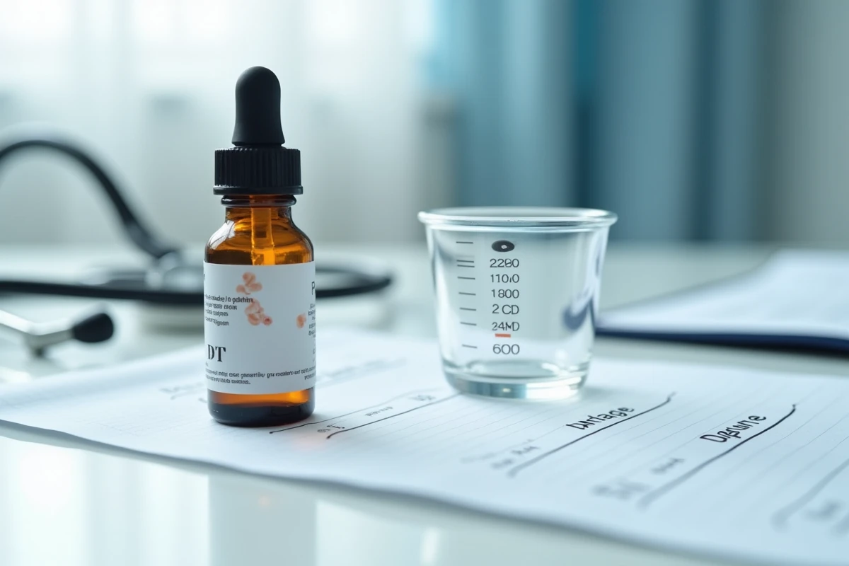 Flacon compte-gouttes et sirop Célestène avec tableau de posologie sur surface médicale blanche