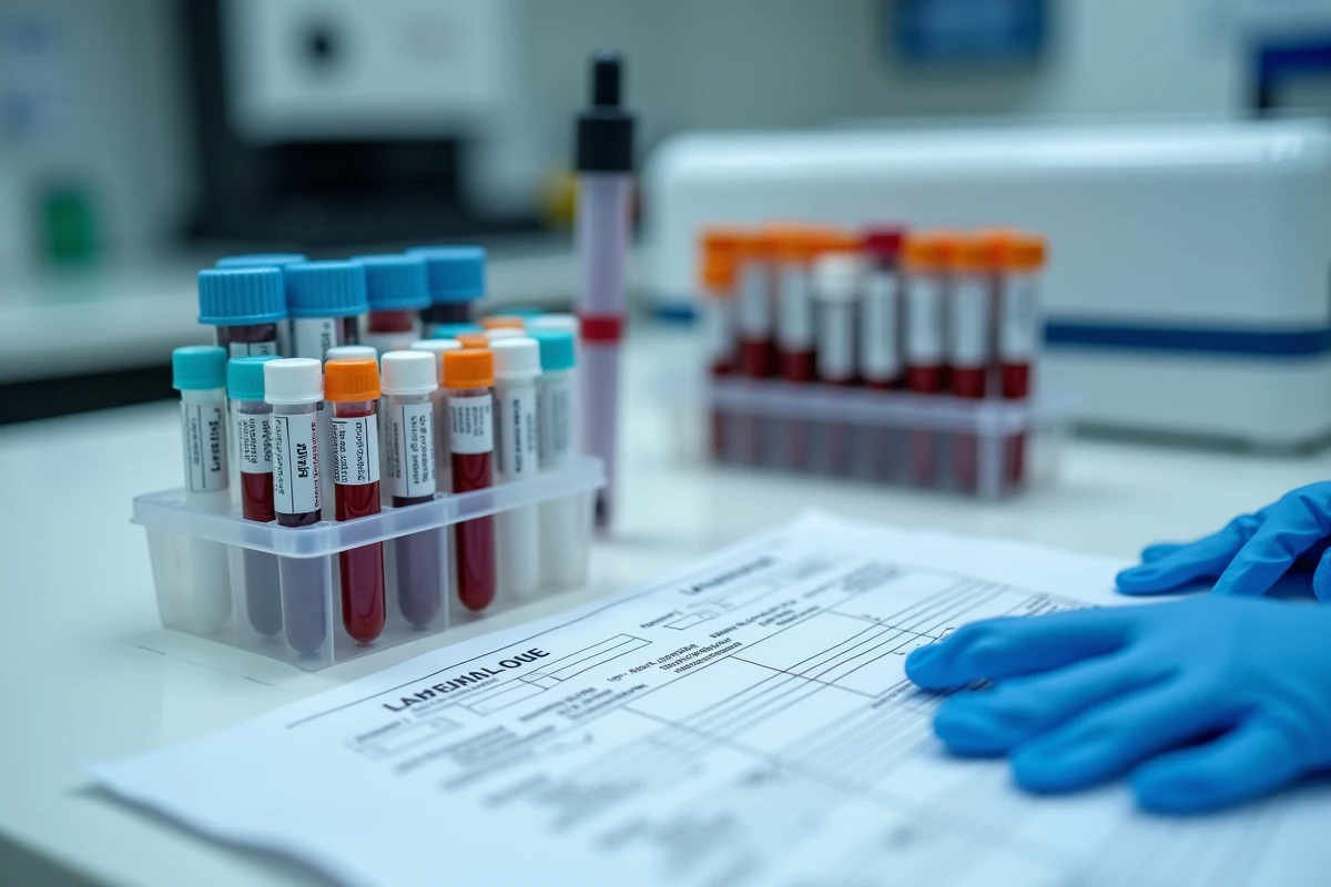 Flacons d'échantillons sanguins étiquetés sur un poste de travail de laboratoire pour le diagnostic des maladies auto-immunes