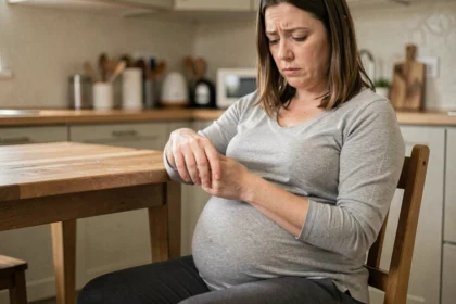 Femme enceinte assise qui se frotte le bras gauche, illustrant le fourmillement du bras gauche pendant la grossesse