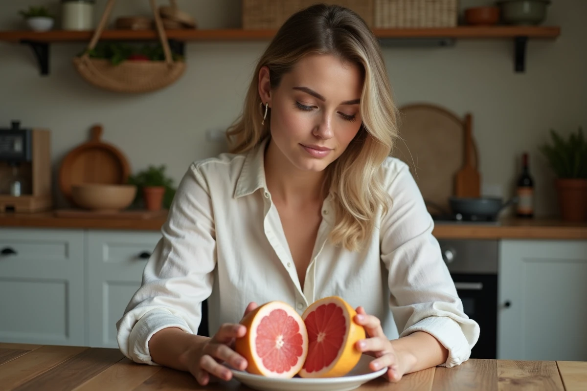 Femme tenant un pamplemousse coupé en deux, assis à une table en bois rustique dans une cuisine campagnarde, illustrant les fruits coupe-faim naturels